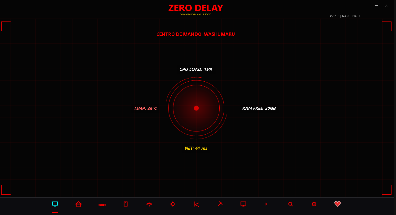 Centro de mando anterior de ZeroDelay con indicador circular y métricas de CPU, temperatura, memoria y red.