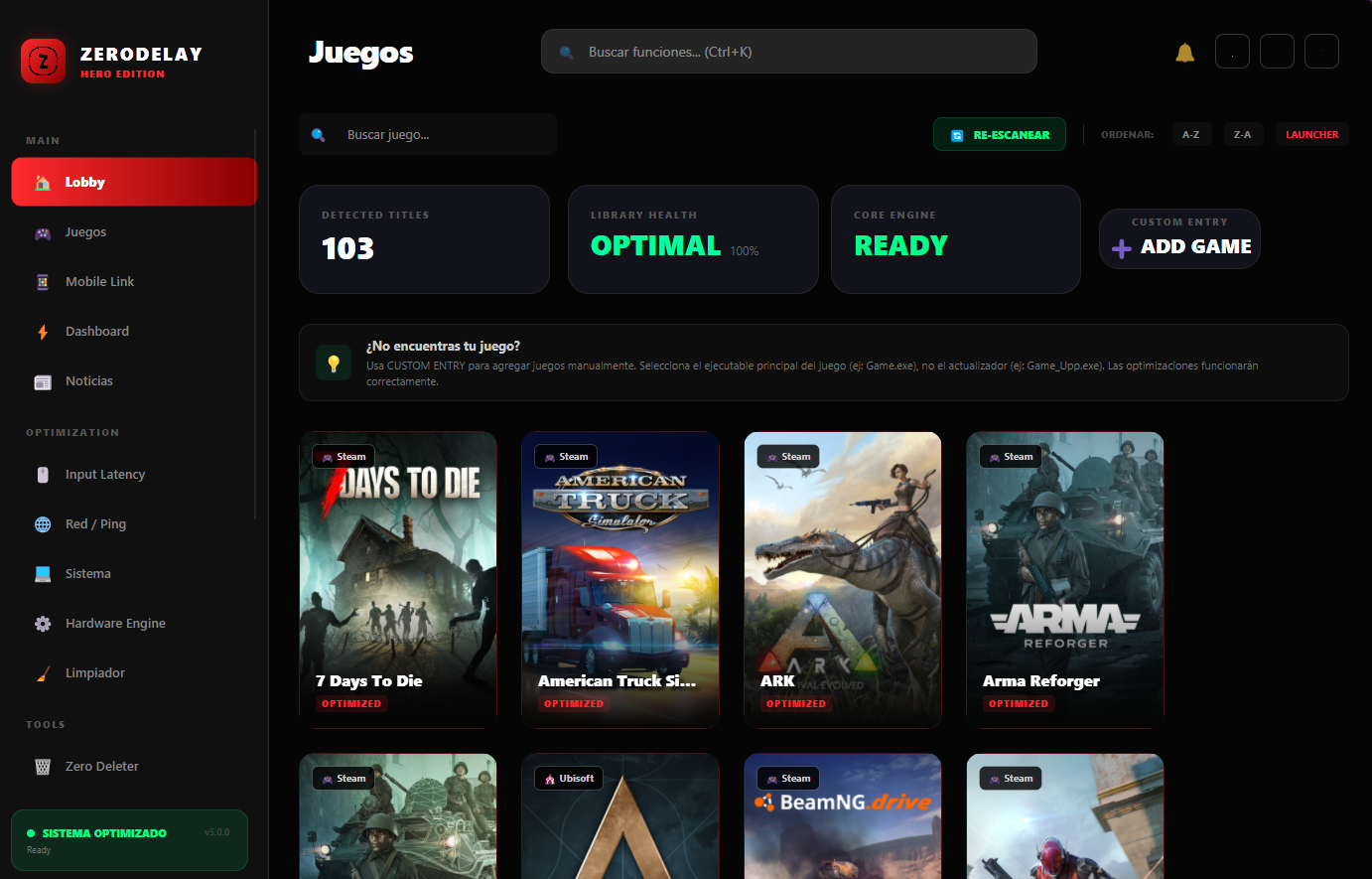 Biblioteca de ZeroDelay HERO Edition con buscador y carátulas de juegos como 7 Days to Die, ARK y Arma Reforger.