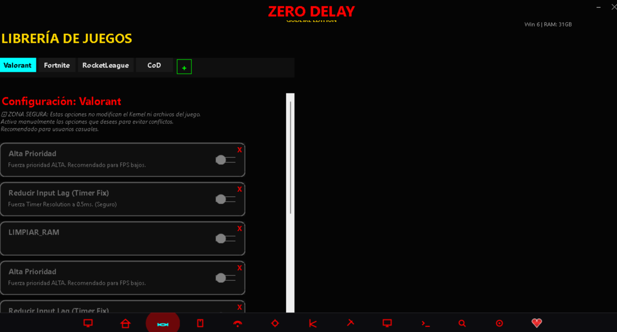 Biblioteca anterior de ZeroDelay con pestañas de juegos y una lista de ajustes para Valorant.